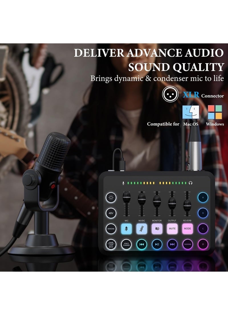 Gaming Audio Mixer, Streaming RGB PC Mixer with XLR Microphone Interface, Individual Control Volume Fader Mute Button 48V Phantom Power for Podcast Recording Vocal Game Voice Black - Image 3